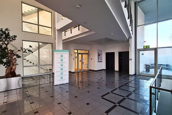 Modernes Gebäude-Atrium mit großem Baum – Nagelneu Laser Frankfurt